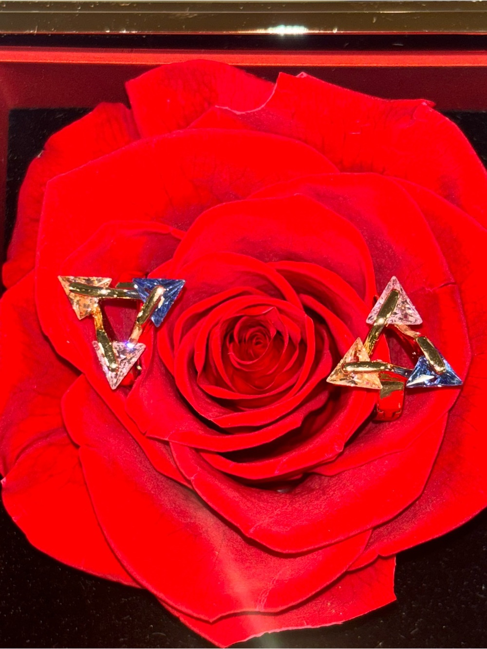 Gold Triangle Crystal Stud Earrings - Red Accent